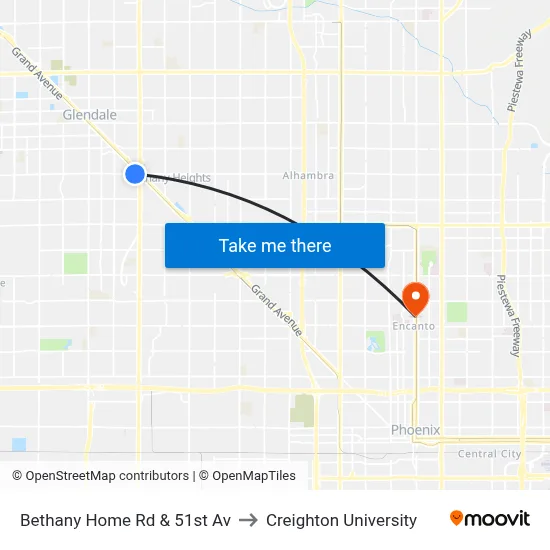 Bethany Home Rd & 51st Av to Creighton University map