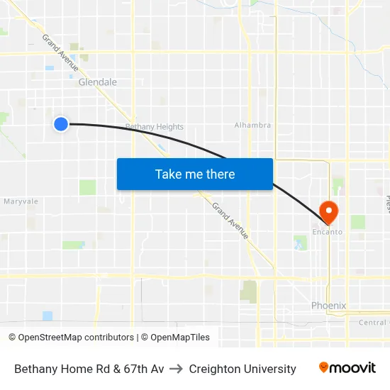 Bethany Home Rd & 67th Av to Creighton University map