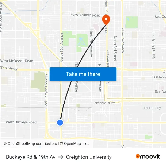 Buckeye Rd & 19th Av to Creighton University map