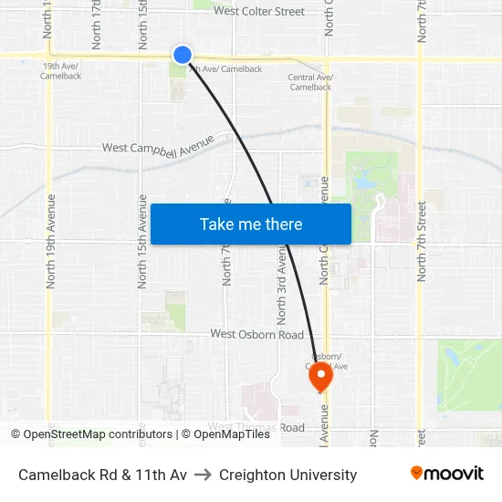 Camelback Rd & 11th Av to Creighton University map