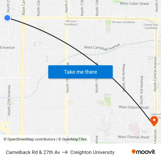 Camelback Rd & 27th Av to Creighton University map