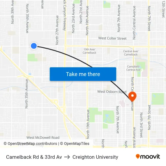 Camelback Rd & 33rd Av to Creighton University map