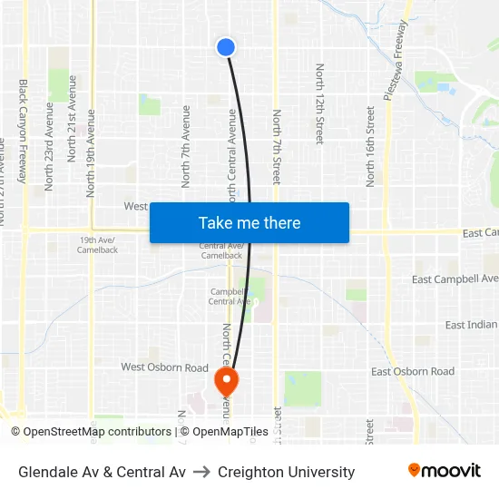 Glendale Av & Central Av to Creighton University map