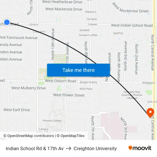 Indian School Rd & 17th Av to Creighton University map