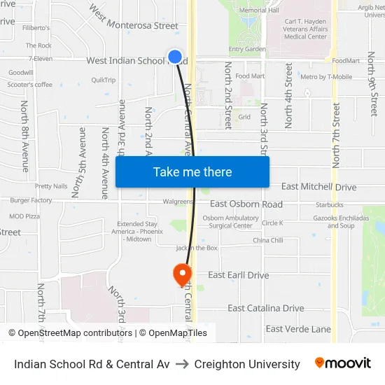 Indian School Rd & Central Av to Creighton University map