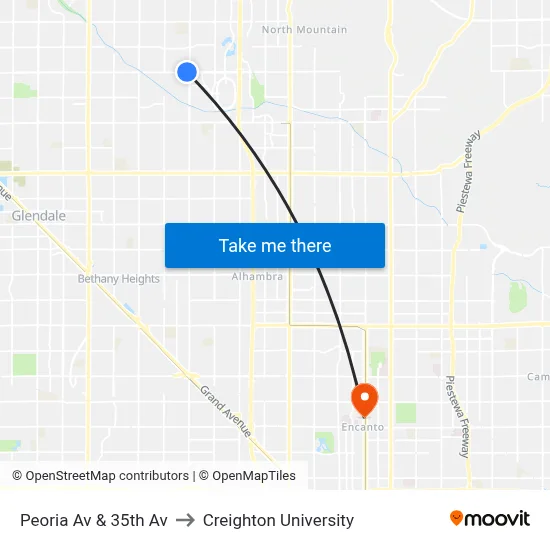 Peoria Av & 35th Av to Creighton University map