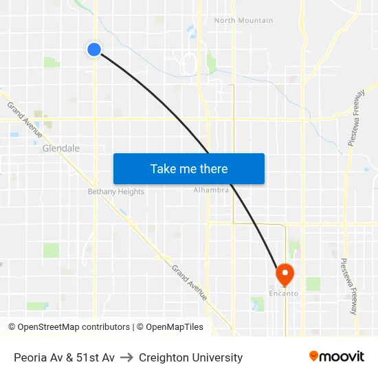 Peoria Av & 51st Av to Creighton University map