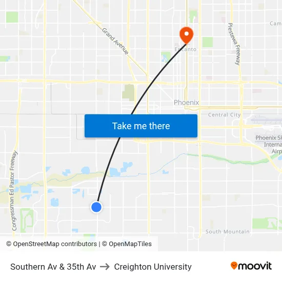 Southern Av & 35th Av to Creighton University map