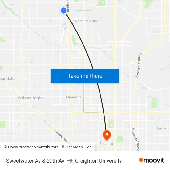 Sweetwater Av & 29th Av to Creighton University map