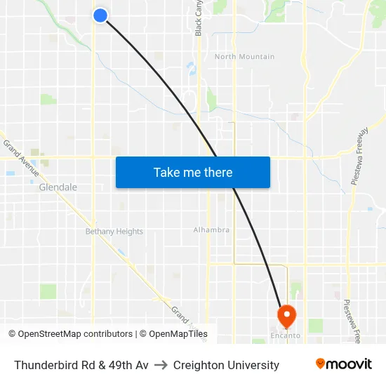 Thunderbird Rd & 49th Av to Creighton University map