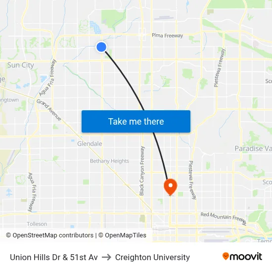 Union Hills Dr & 51st Av to Creighton University map