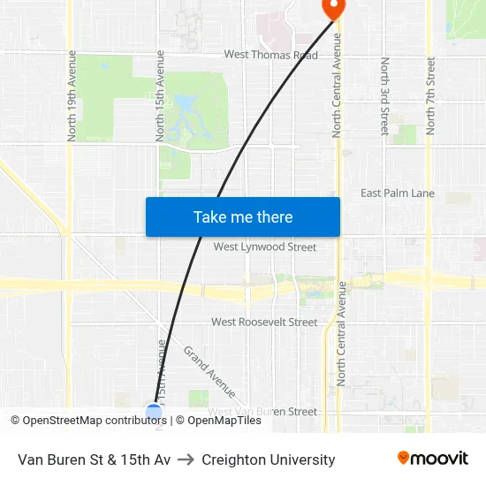 Van Buren St & 15th Av to Creighton University map