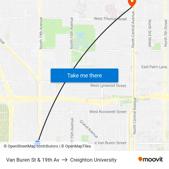 Van Buren St & 19th Av to Creighton University map