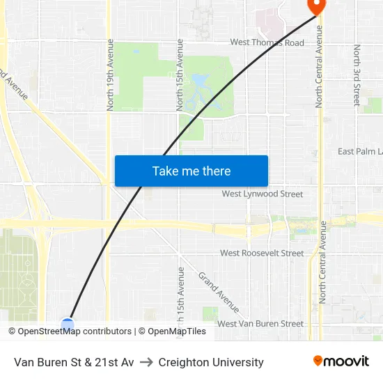 Van Buren St & 21st Av to Creighton University map