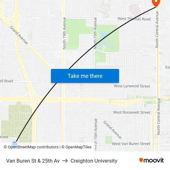 Van Buren St & 25th Av to Creighton University map