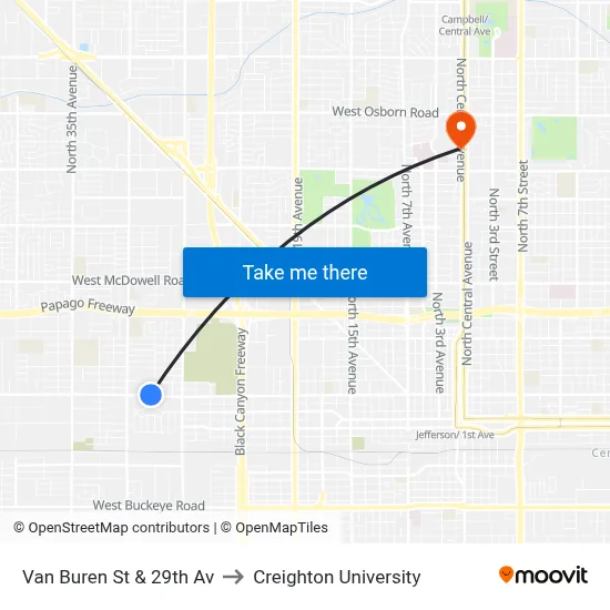 Van Buren St & 29th Av to Creighton University map