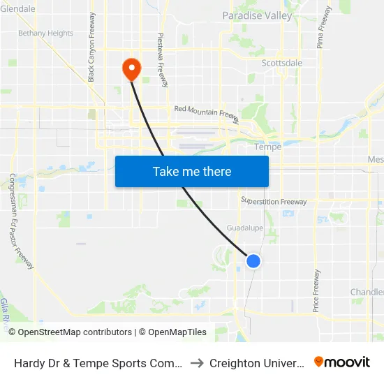 Hardy Dr & Tempe Sports Complex to Creighton University map