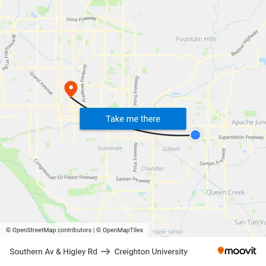 Southern Av & Higley Rd to Creighton University map