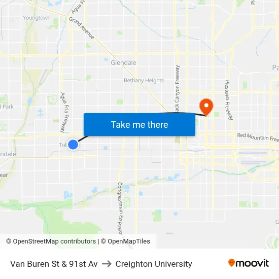 Van Buren St & 91st Av to Creighton University map