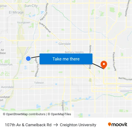107th Av & Camelback Rd to Creighton University map