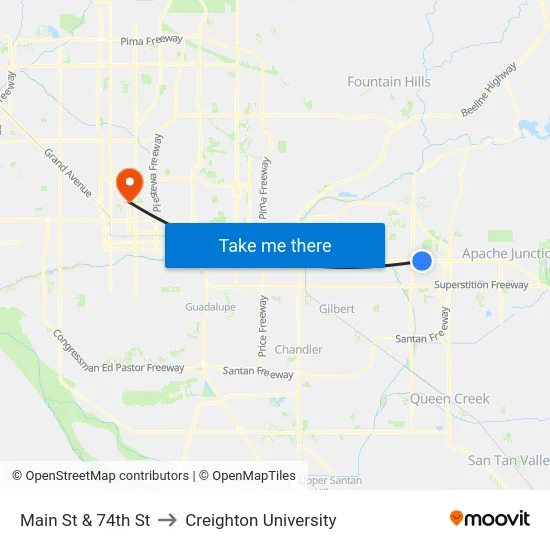 Main St & 74th St to Creighton University map