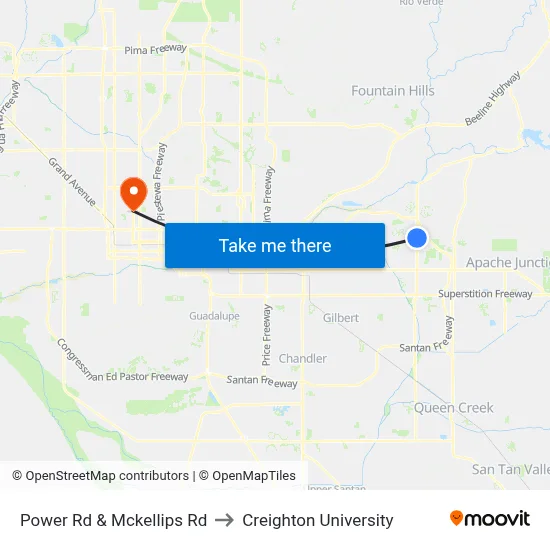 Power Rd & Mckellips Rd to Creighton University map