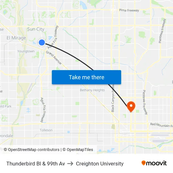 Thunderbird Bl & 99th Av to Creighton University map