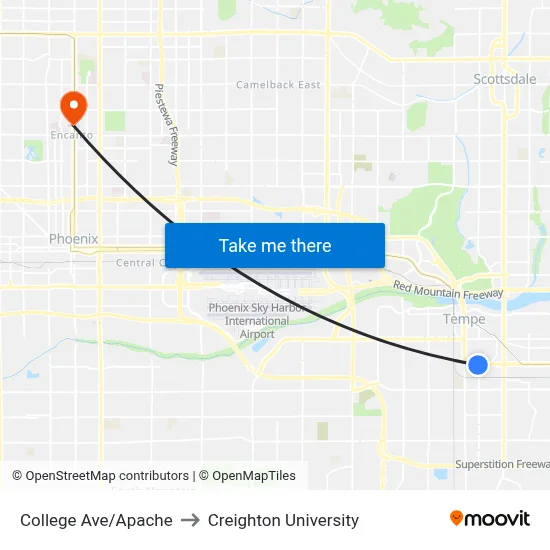 College Ave/Apache to Creighton University map