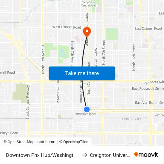 Downtown Phx Hub/Washington St to Creighton University map