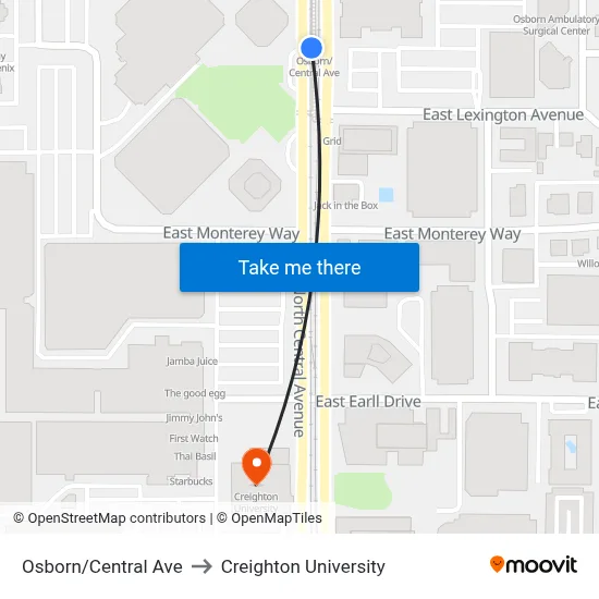 Osborn/Central Ave to Creighton University map