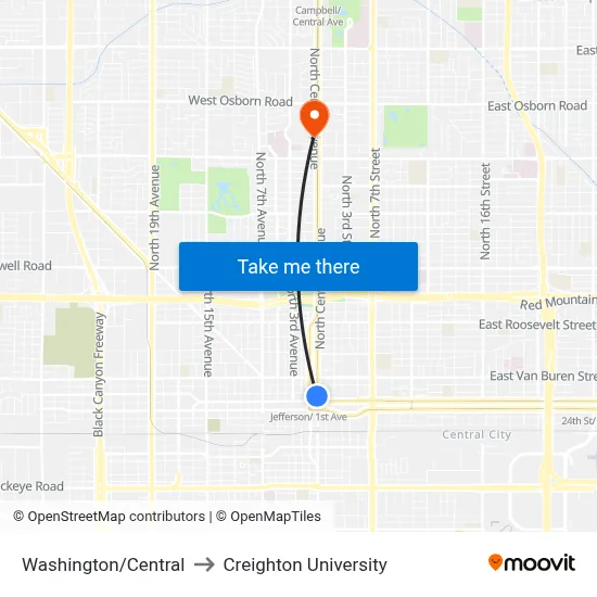 Washington/Central to Creighton University map