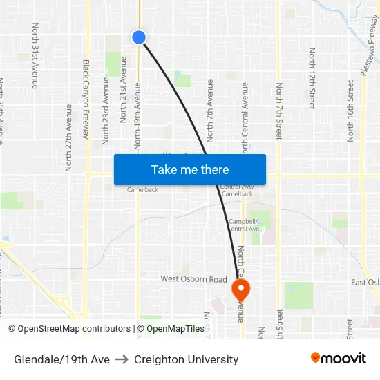 Glendale/19th Ave to Creighton University map