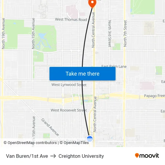 Van Buren/1st Ave to Creighton University map