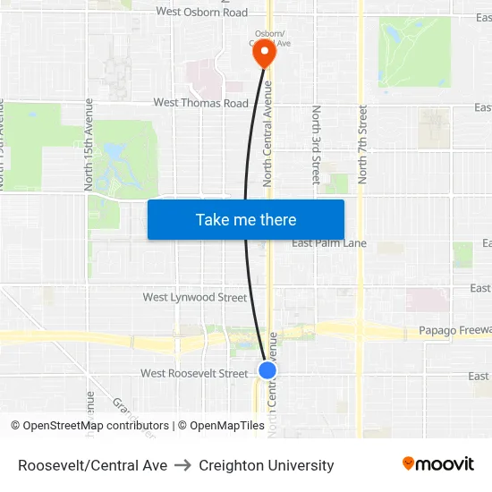 Roosevelt/Central Ave to Creighton University map