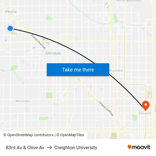 83rd Av & Olive Av to Creighton University map