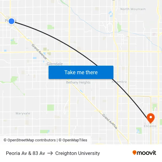 Peoria Av & 83 Av to Creighton University map