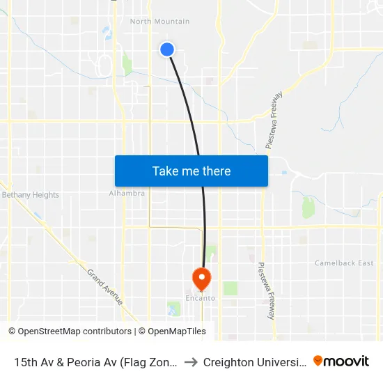 15th Av & Peoria Av (Flag Zone) to Creighton University map