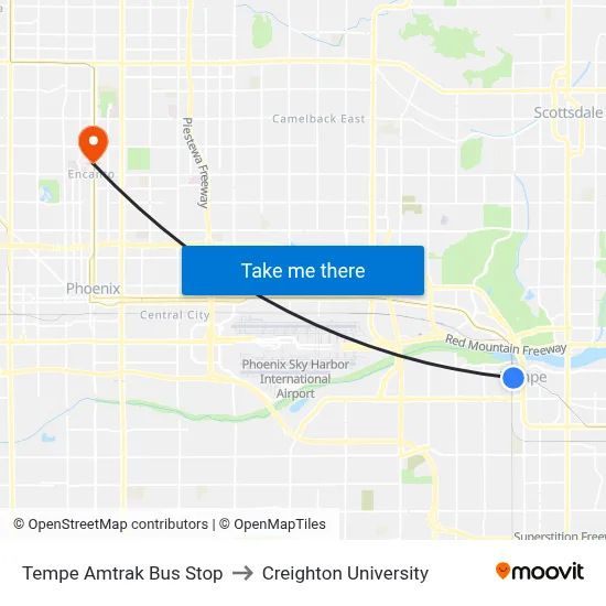 Tempe Amtrak Bus Stop to Creighton University map