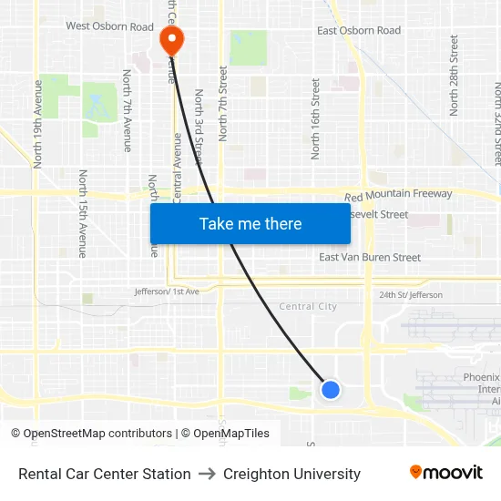 Rental Car Center Station to Creighton University map