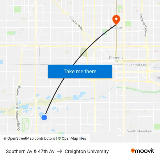Southern Av & 47th Av to Creighton University map