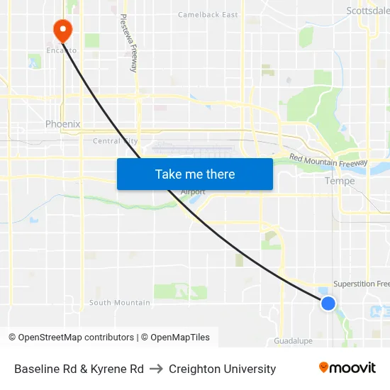 Baseline Rd & Kyrene Rd to Creighton University map