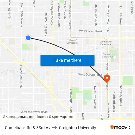 Camelback Rd & 33rd Av to Creighton University map