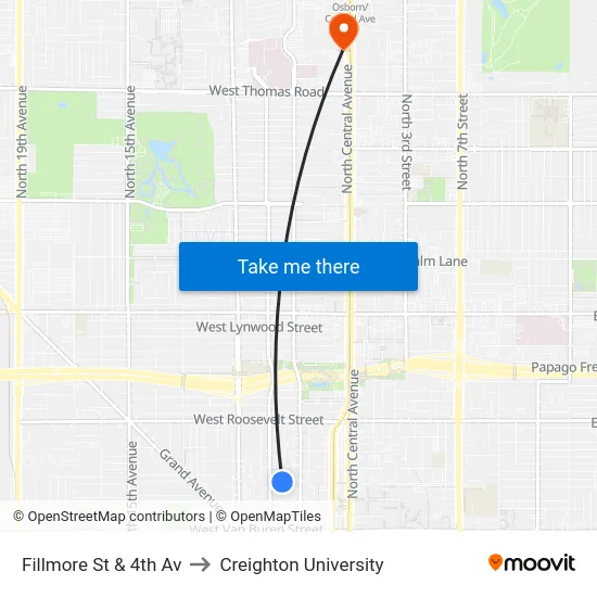 Fillmore St & 4th Av to Creighton University map