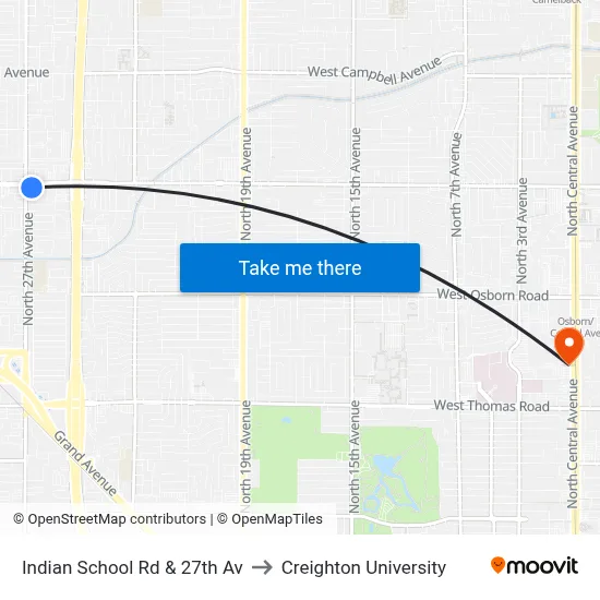 Indian School Rd & 27th Av to Creighton University map