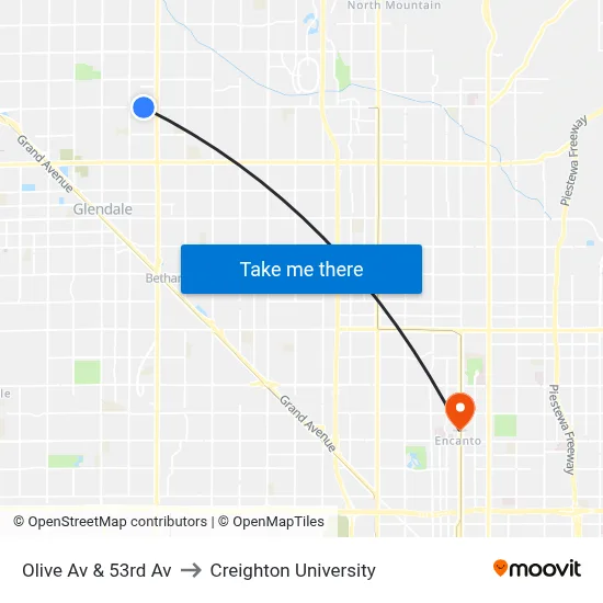 Olive Av & 53rd Av to Creighton University map