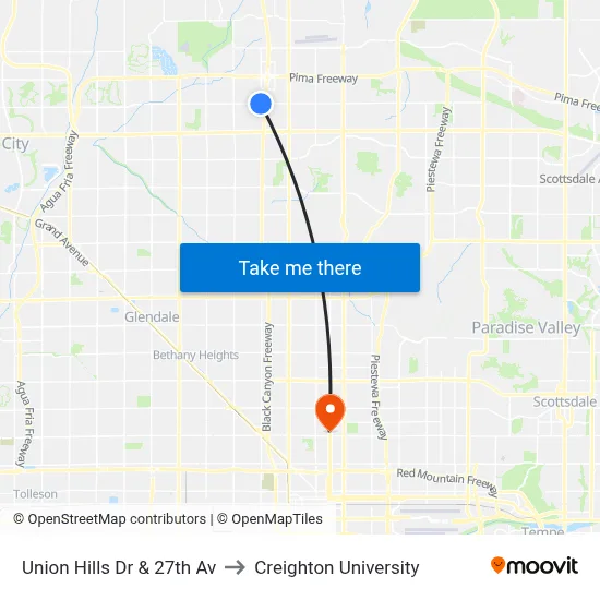 Union Hills Dr & 27th Av to Creighton University map