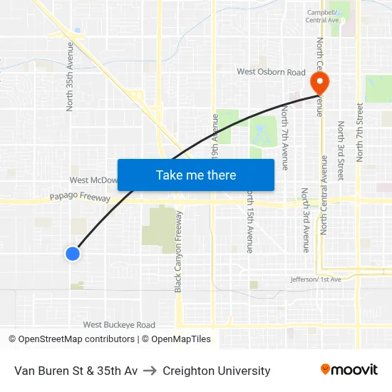 Van Buren St & 35th Av to Creighton University map