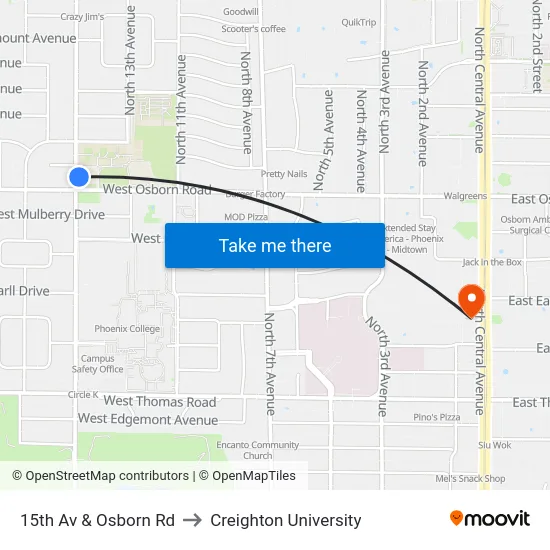 15th Av & Osborn Rd to Creighton University map