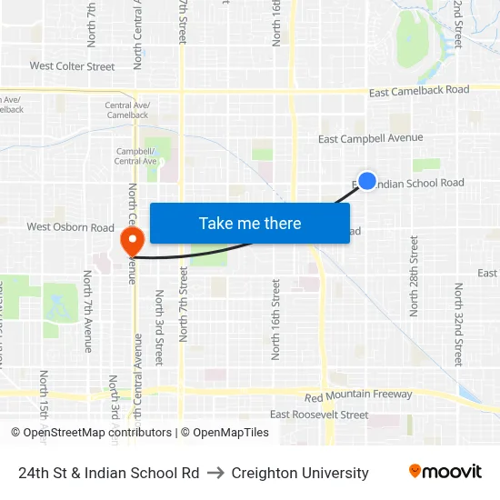 24th St & Indian School Rd to Creighton University map