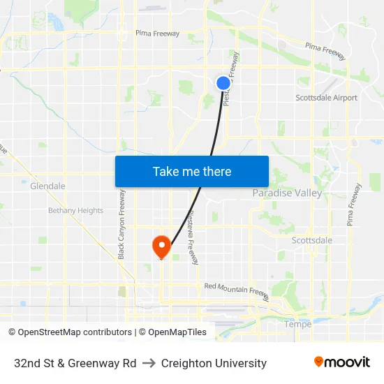 32nd St & Greenway Rd to Creighton University map